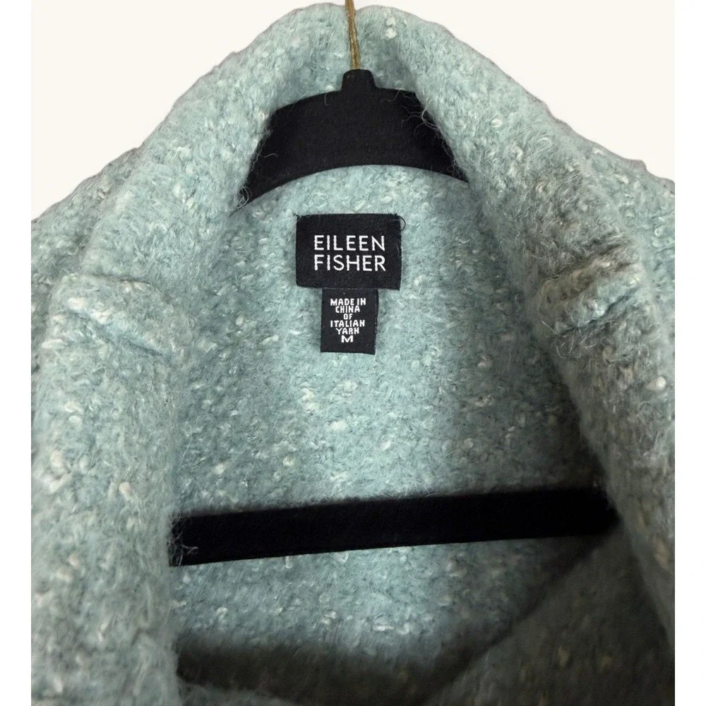Eileen Fisher Boucle Sweater Jacket Womens M Blue Alpaca Wool Silk Comfy Fuzzy
